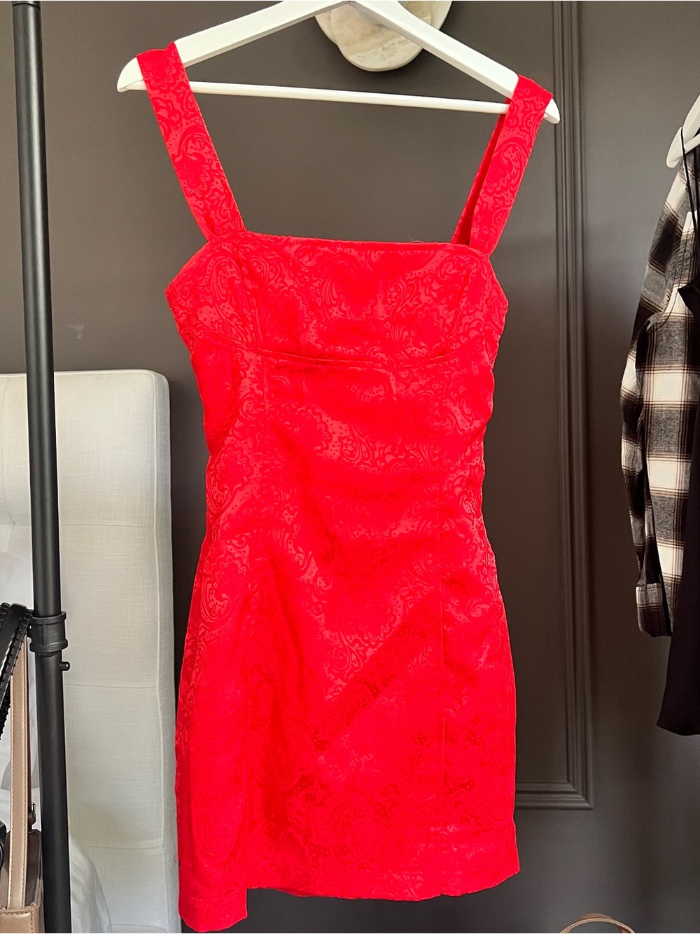 Lucy in the Sky Red Jacquard Square-Neck Mini Dress